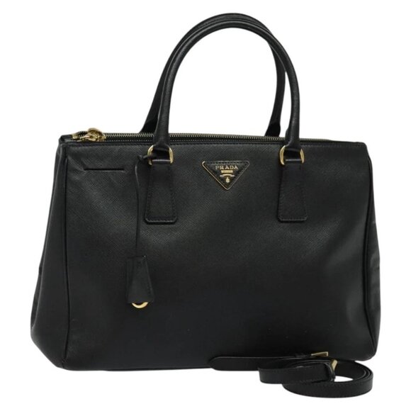 PRADA Hand Bag Safiano Leather 2way Black Gold Auth - Picture 1 of 15